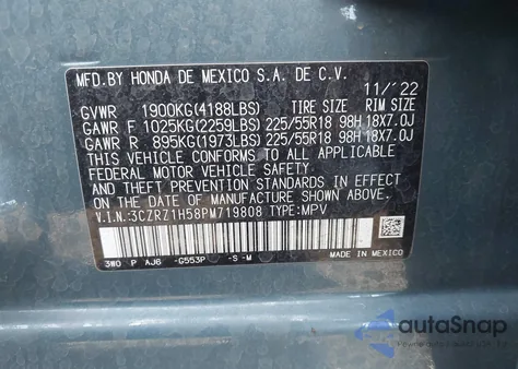 2023 Honda Hr-V 2Wd Sport from USA, damaged, VIN 3CZRZ1H58PM719808
